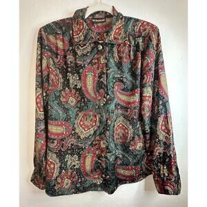 Vtg Notations Paisley Boho Silk Like Long Sleeve Button Up Size Small